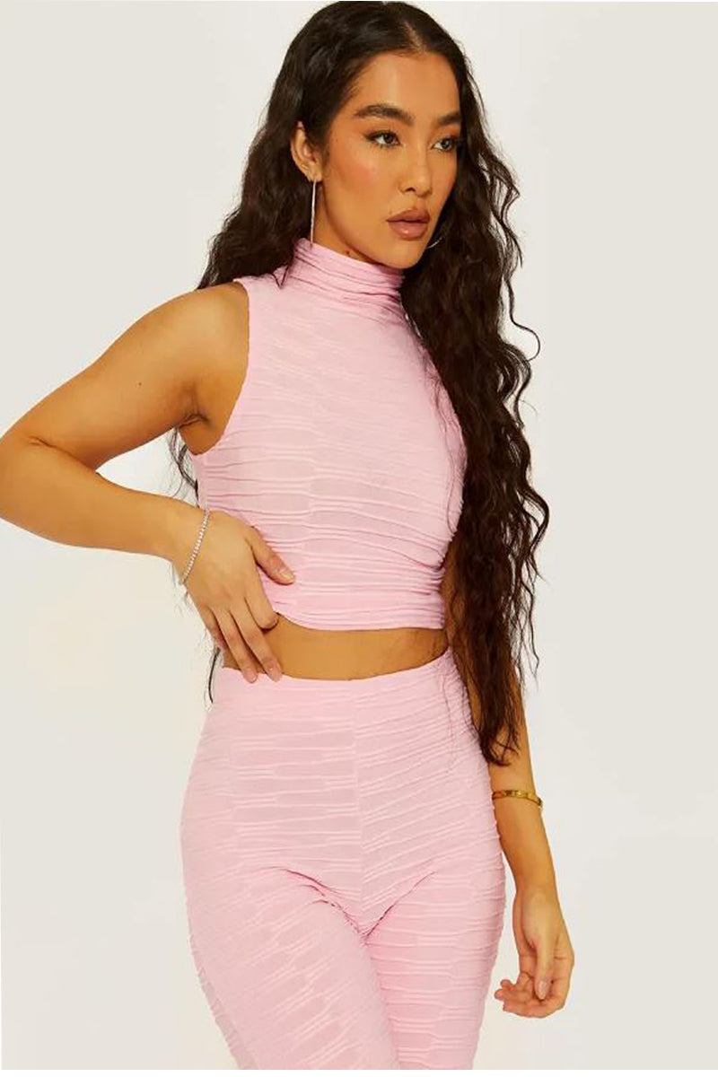Pink High Neck Crop Top and Flare Pants Set - Molly