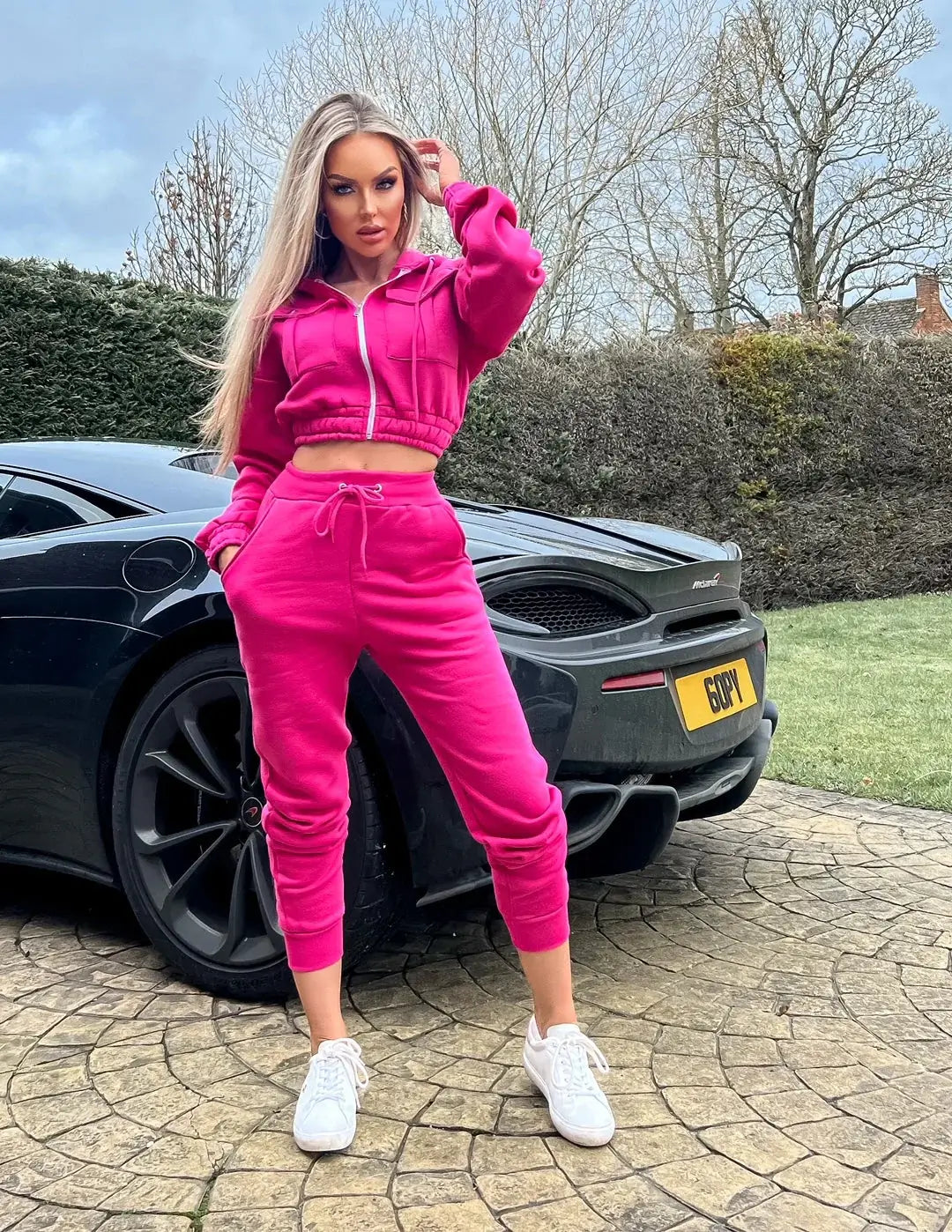 Bright Pink Hooded Crop Top & Trouser Loungewear Tracksuit