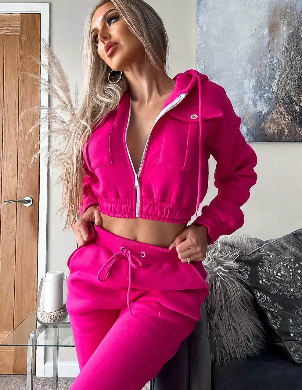 Bright Pink Hooded Crop Top & Trouser Loungewear Tracksuit – Entire Desire