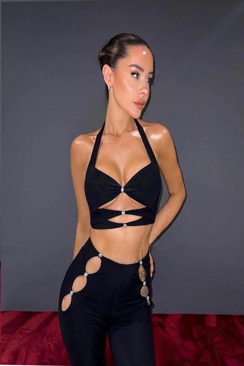 Black Cut Out Crop Top and Trouser Co Ord Set