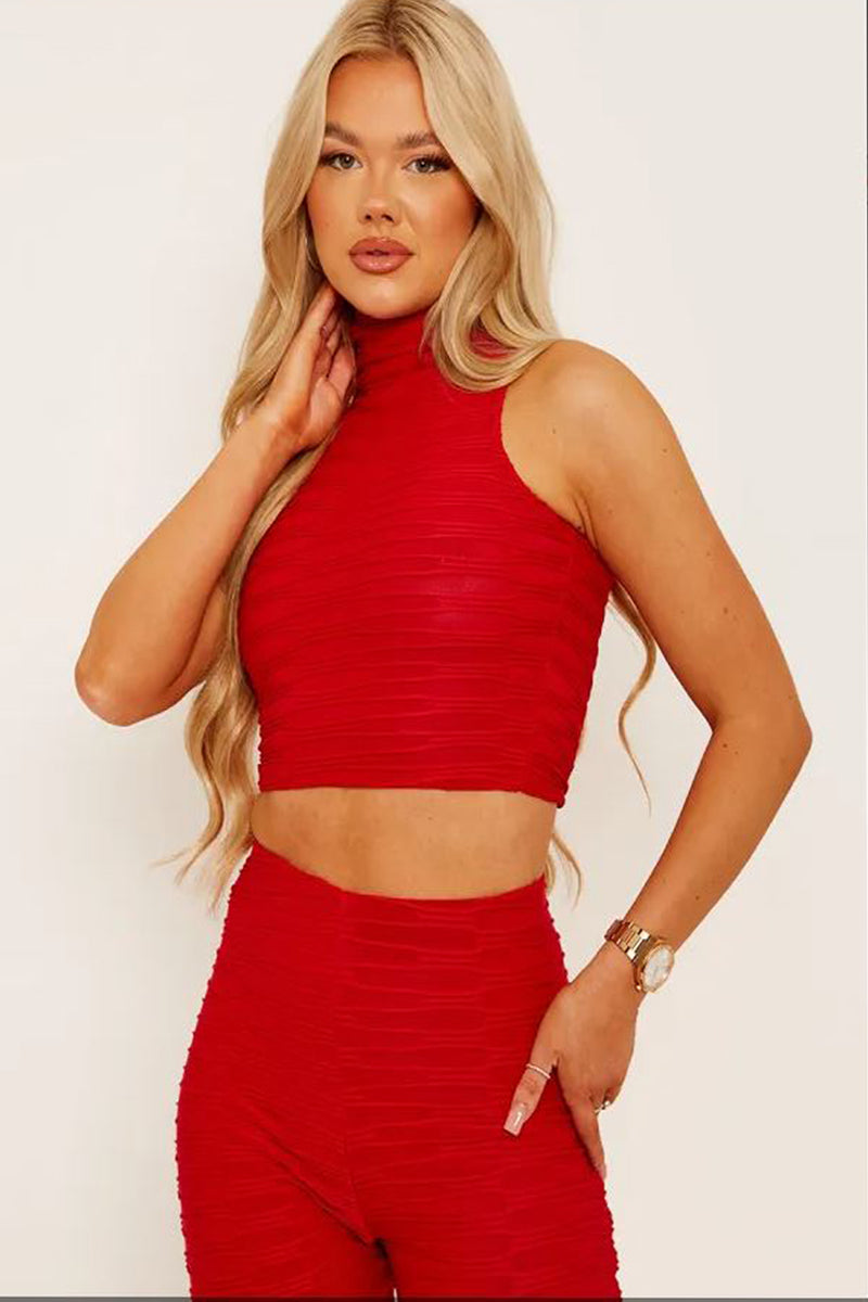 Red High Neck Crop Top and Flare Pants Set - Molly