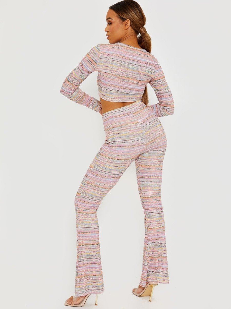 Multicolour Ruched Crop Top And Trousers Co-ord Set Pink