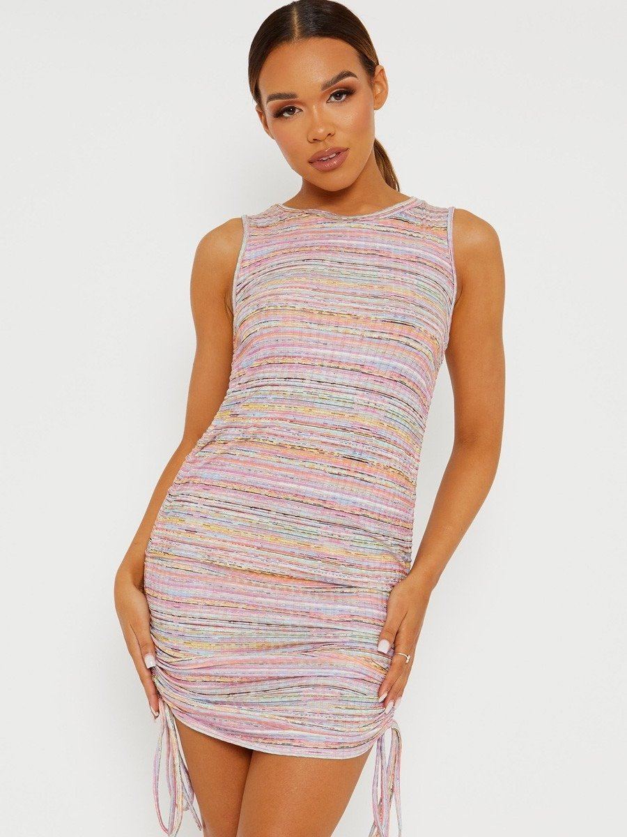 Multi Coloured Sleeveless Ruched Dress -PINK