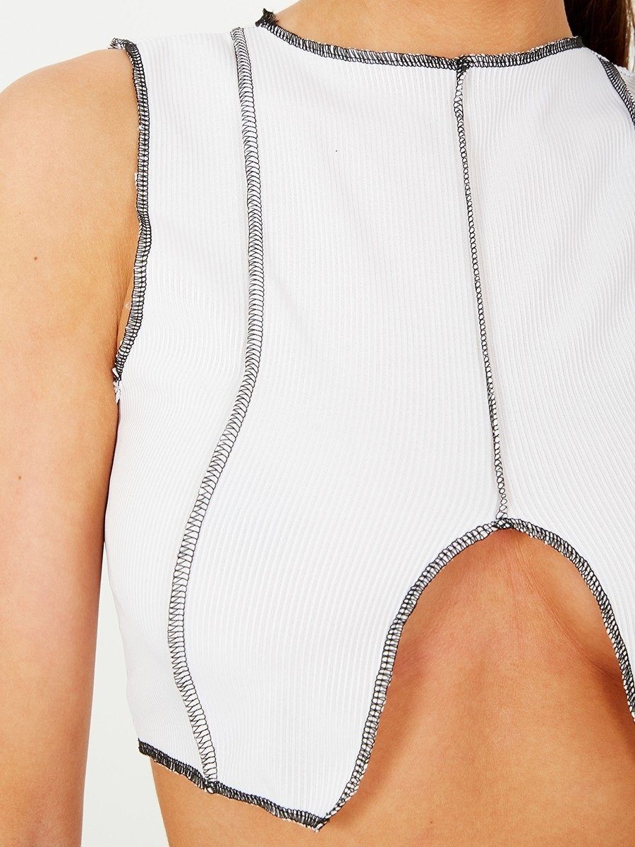 Contrast Stitch Detail Ribbed Crop Top White