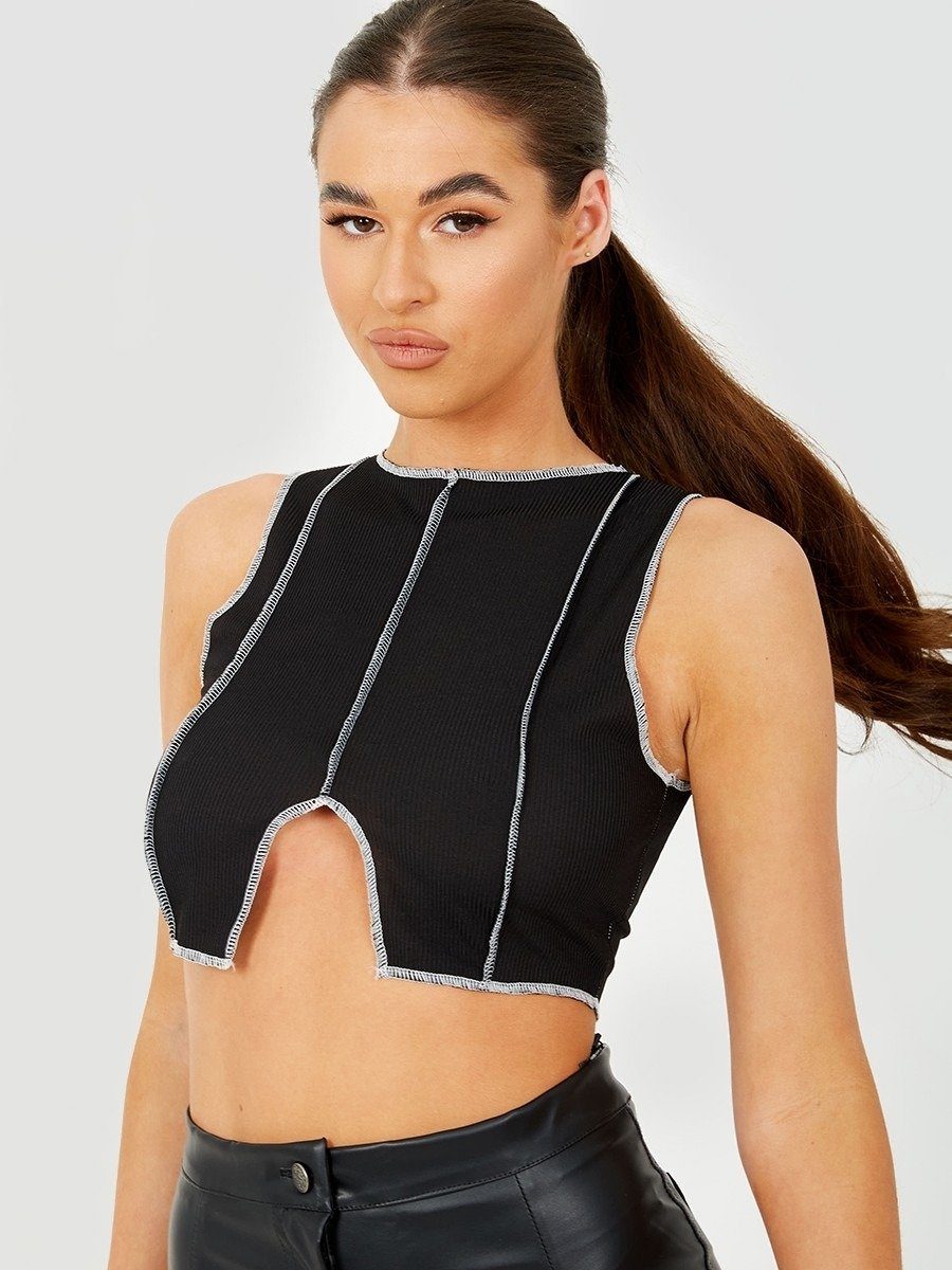 Contrast Stitch Detail Ribbed Crop Top Black