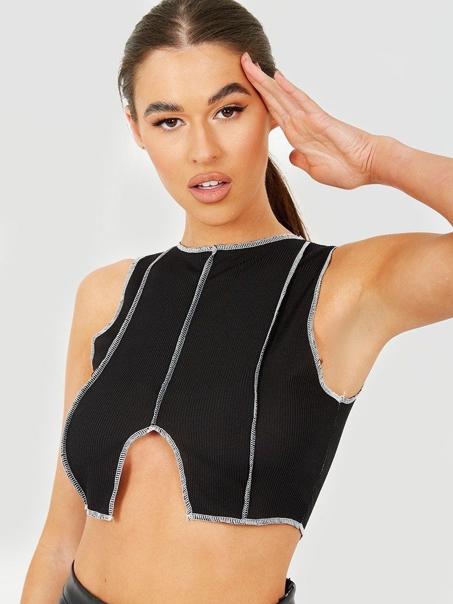 Contrast Stitch Detail Ribbed Crop Top Black