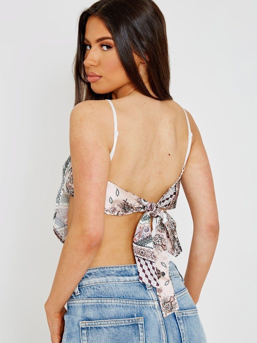 Scarf Print Cami Tie Knot Back Top Nude