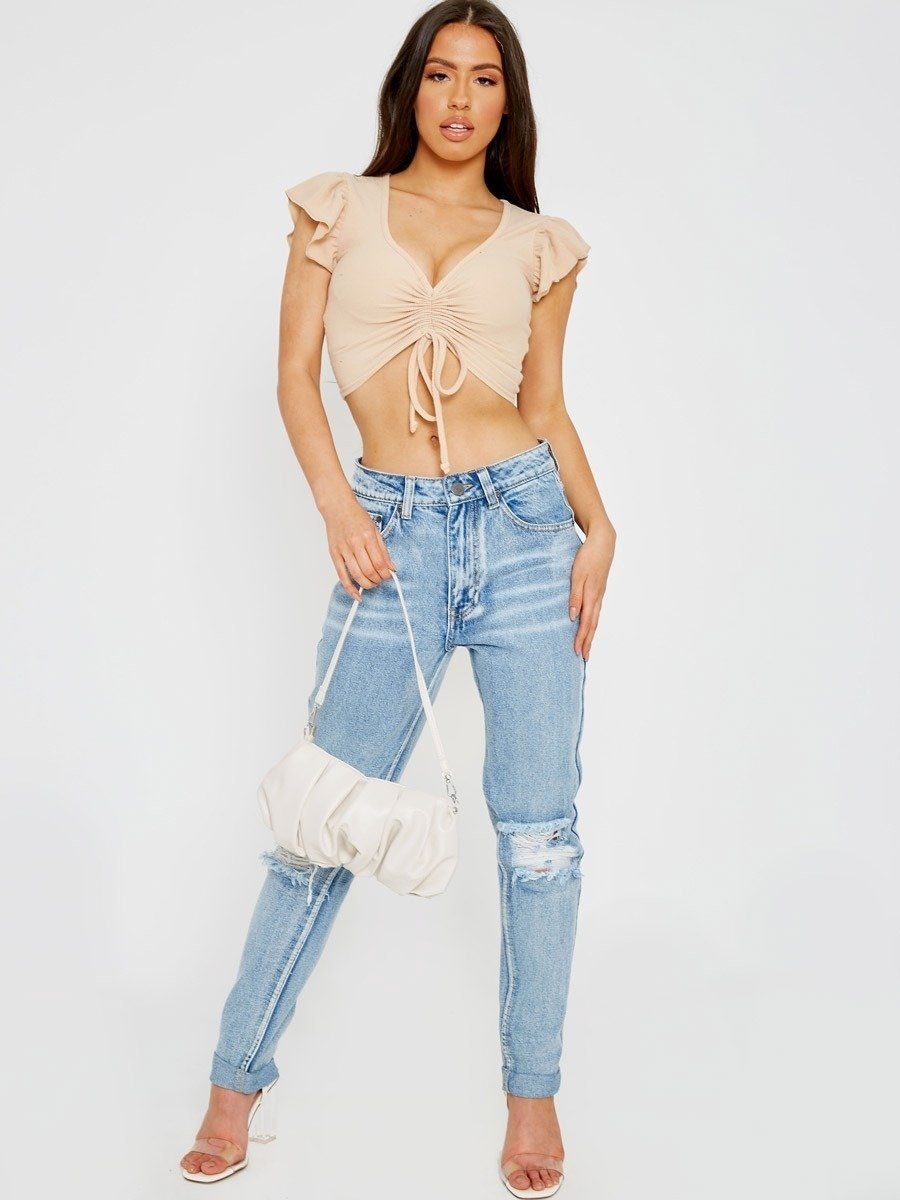 Frill Sleeve Ruched Ribbed Crop Top Beige