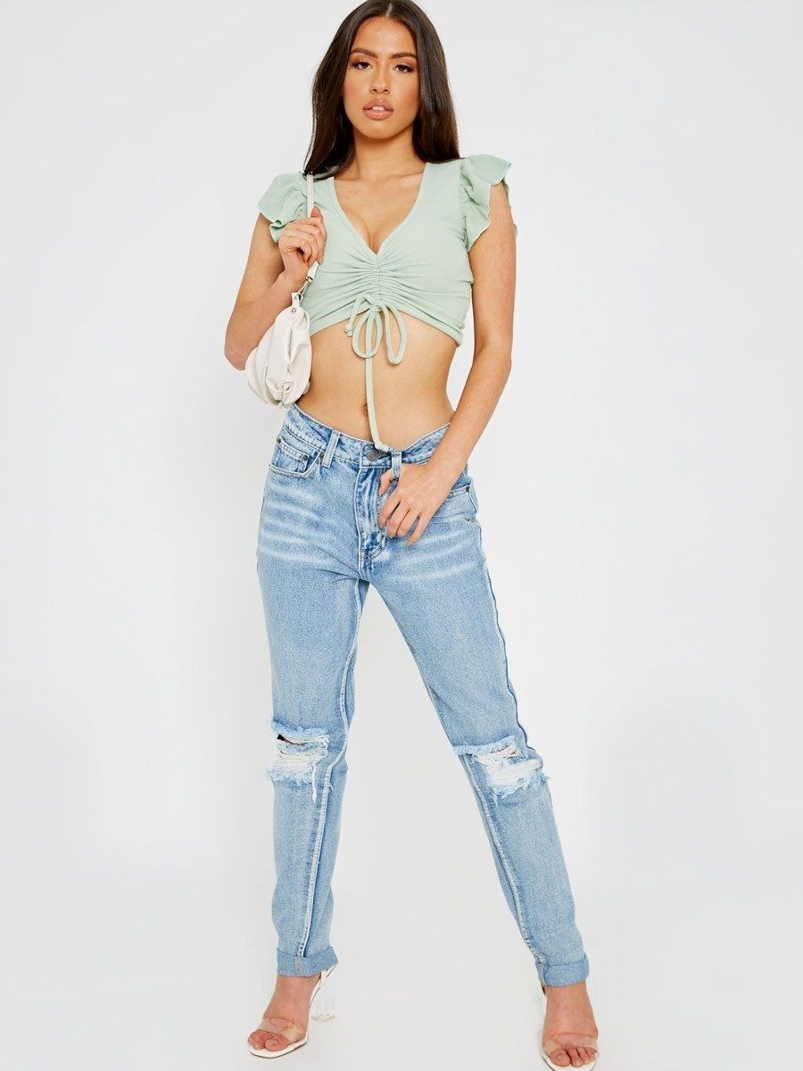 Frill Sleeve Ruched Ribbed Crop Top Green