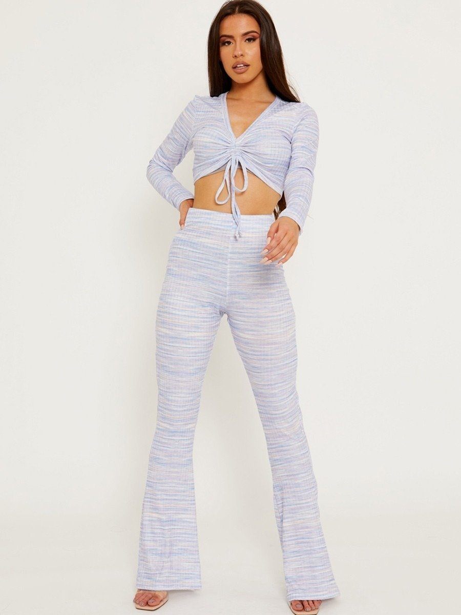 Multicolour Ruched Crop Top And Trousers Co-ord Set Blue