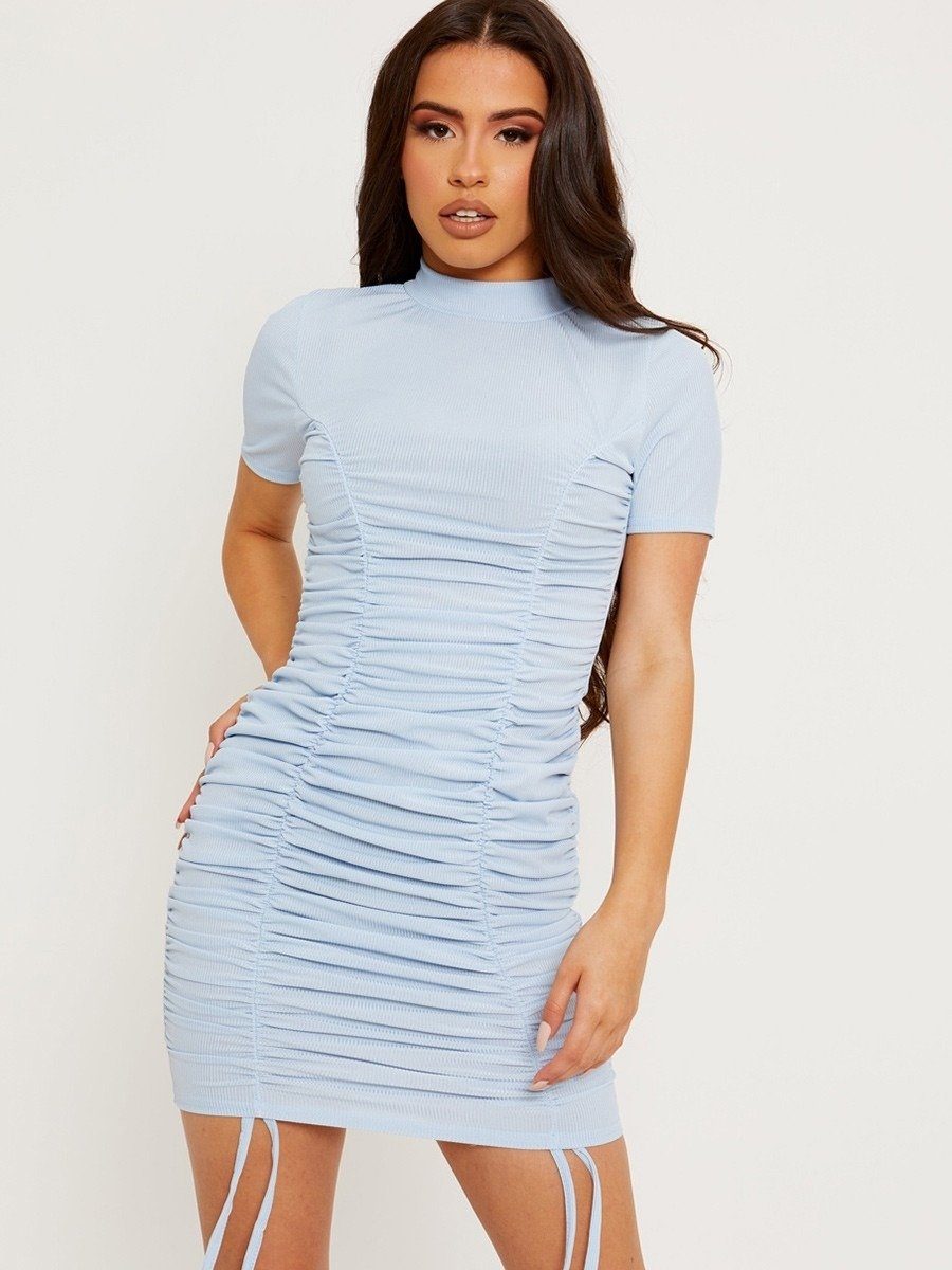 Short Sleeve Blue Ruched Dress