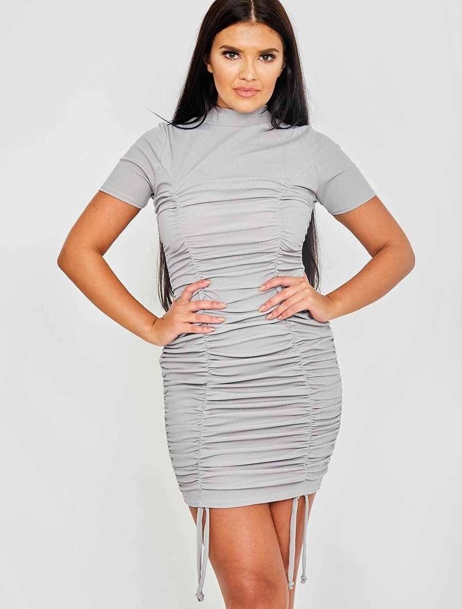 Short Sleeve Grey Ruched Dress