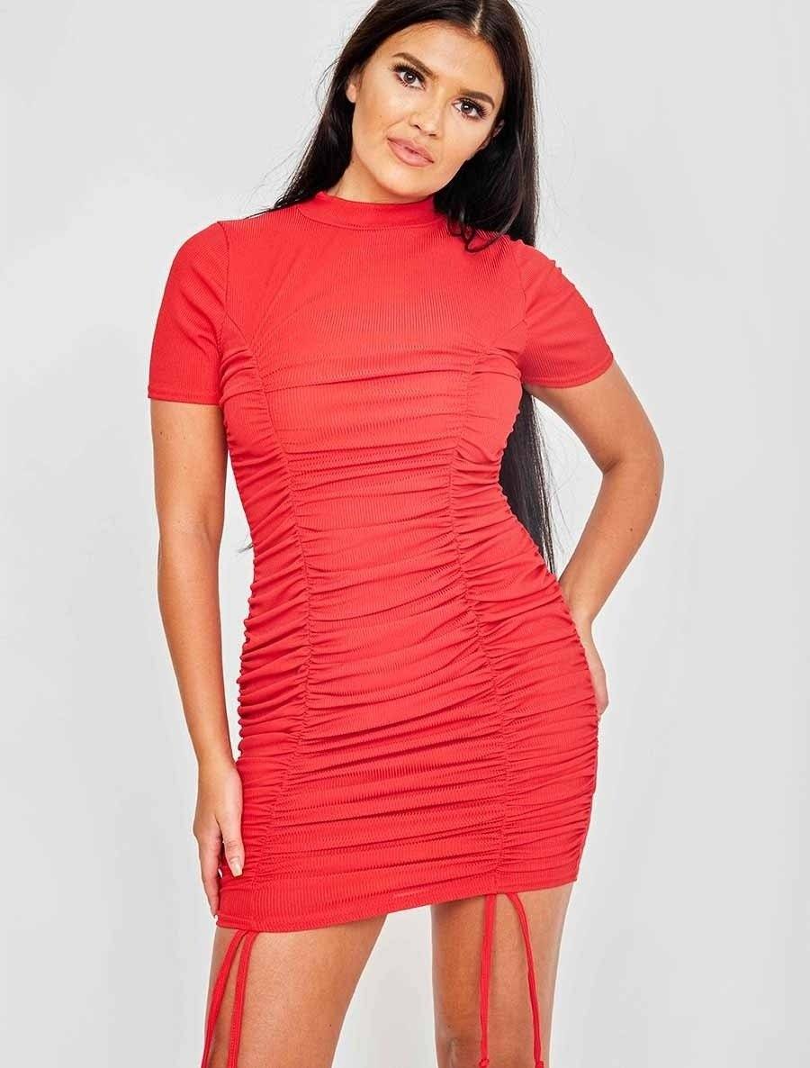 Short Sleeve Red Ruched Dress