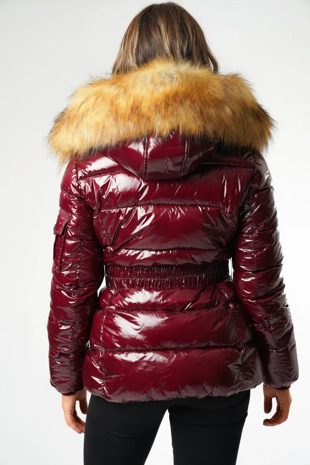 Wine wet look belted faux fur hood puffer Jacket